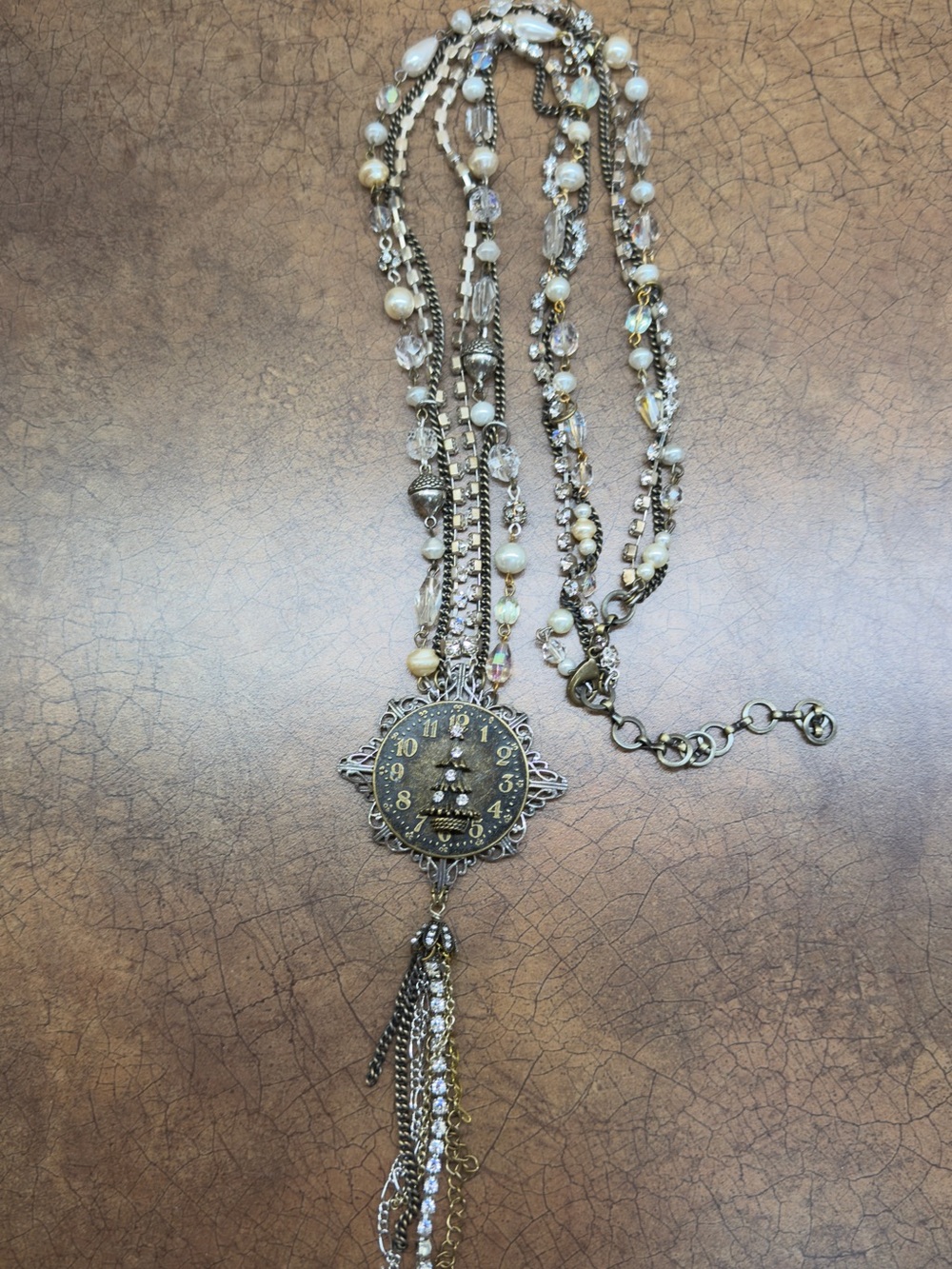 Boho Multi-Strand Pearl and Crystal Pendant Necklace - Gold-Tone